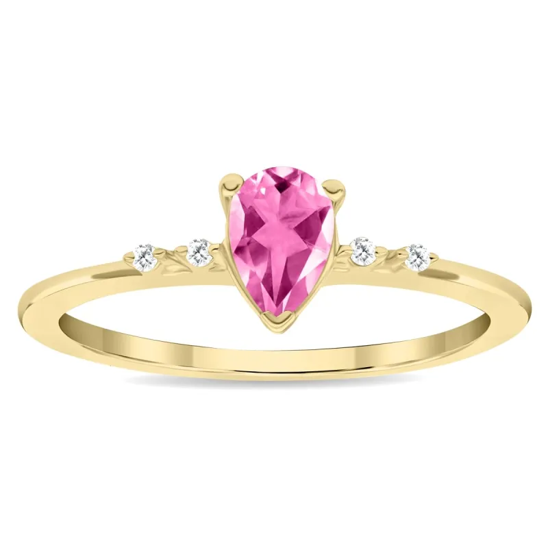 Women's Pear Shaped Pink Topaz and Diamond Sparkle Ring in 10K Yellow Gold sold by Zulily