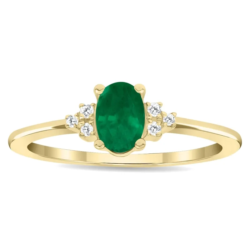 Women's Oval Shaped Emerald and Diamond Half Moon Ring in 10K Yellow Gold sold by Zulily