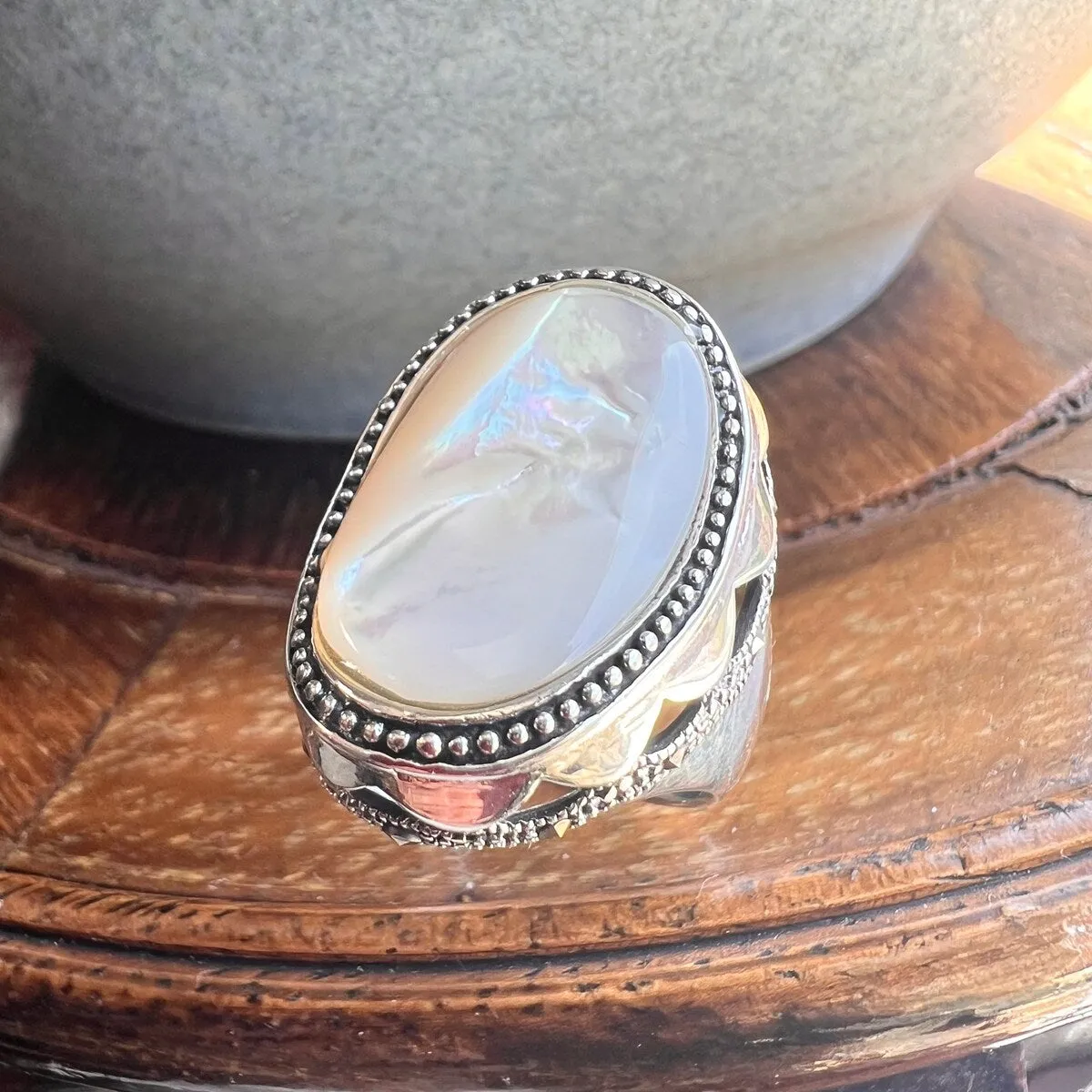 Tang & Song Sterling Silver and Marcasite Mother of Pearl Wave Oval Ring sold by Zulily product image thumbnail 2