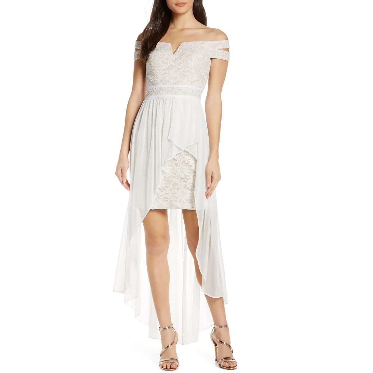 Morgan & Co. Women's Off the Shoulder Lace & Chiffon Overlay Gown in Ivory/Nude Size 11 sold by Zulily product image thumbnail 4