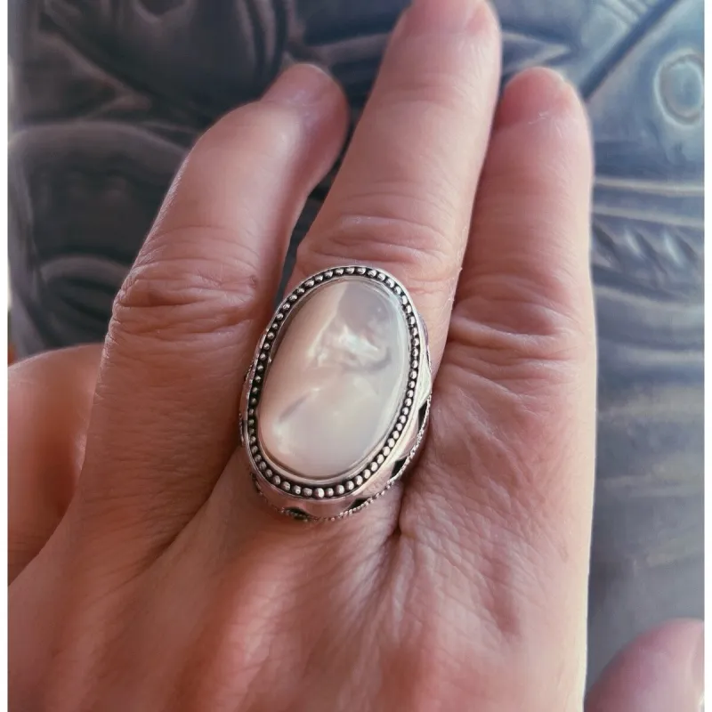 Tang & Song Sterling Silver and Marcasite Mother of Pearl Wave Oval Ring sold by Zulily