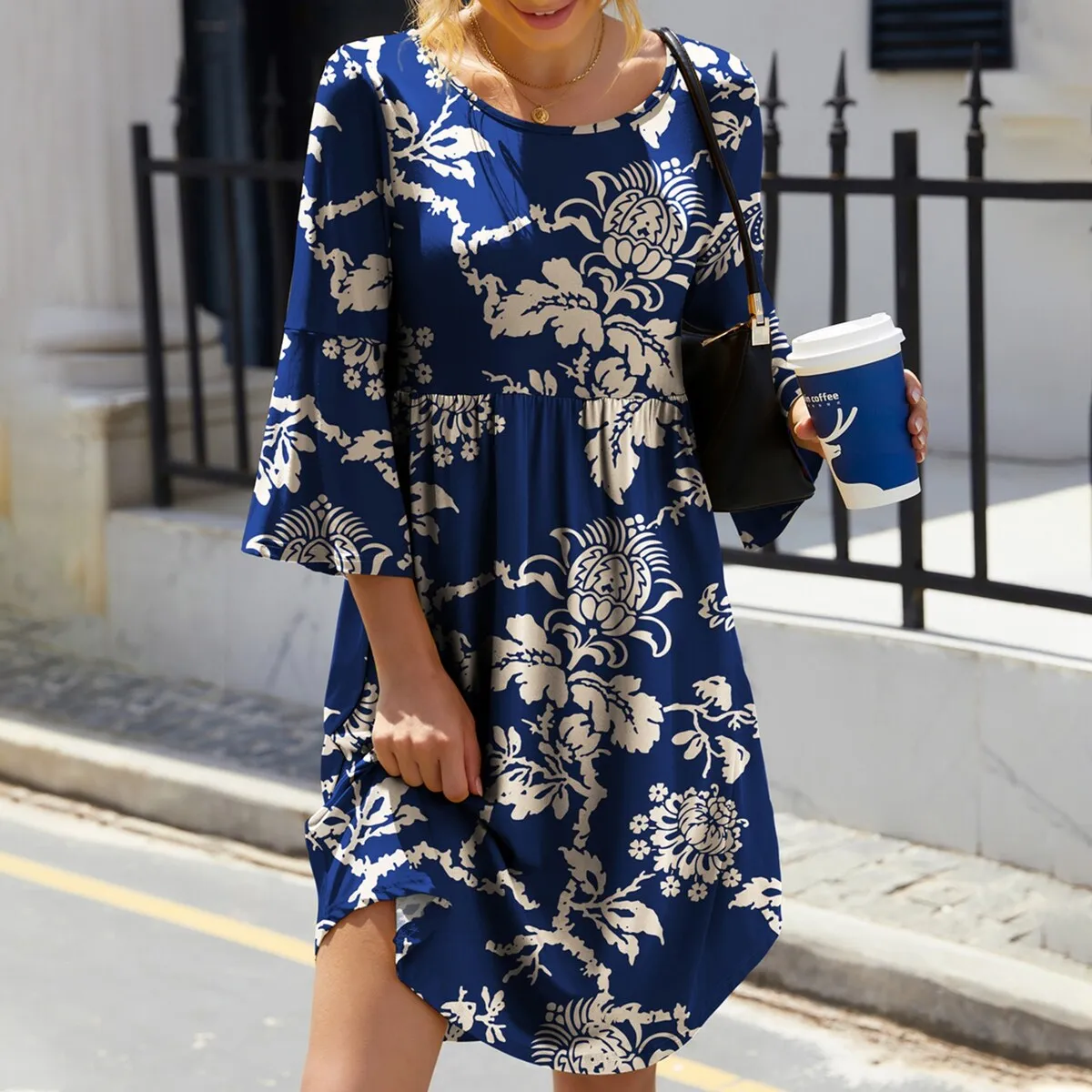 Dark Blue Floral Print Round Neck Three-Quarter Sleeve Dress sold by Zulily