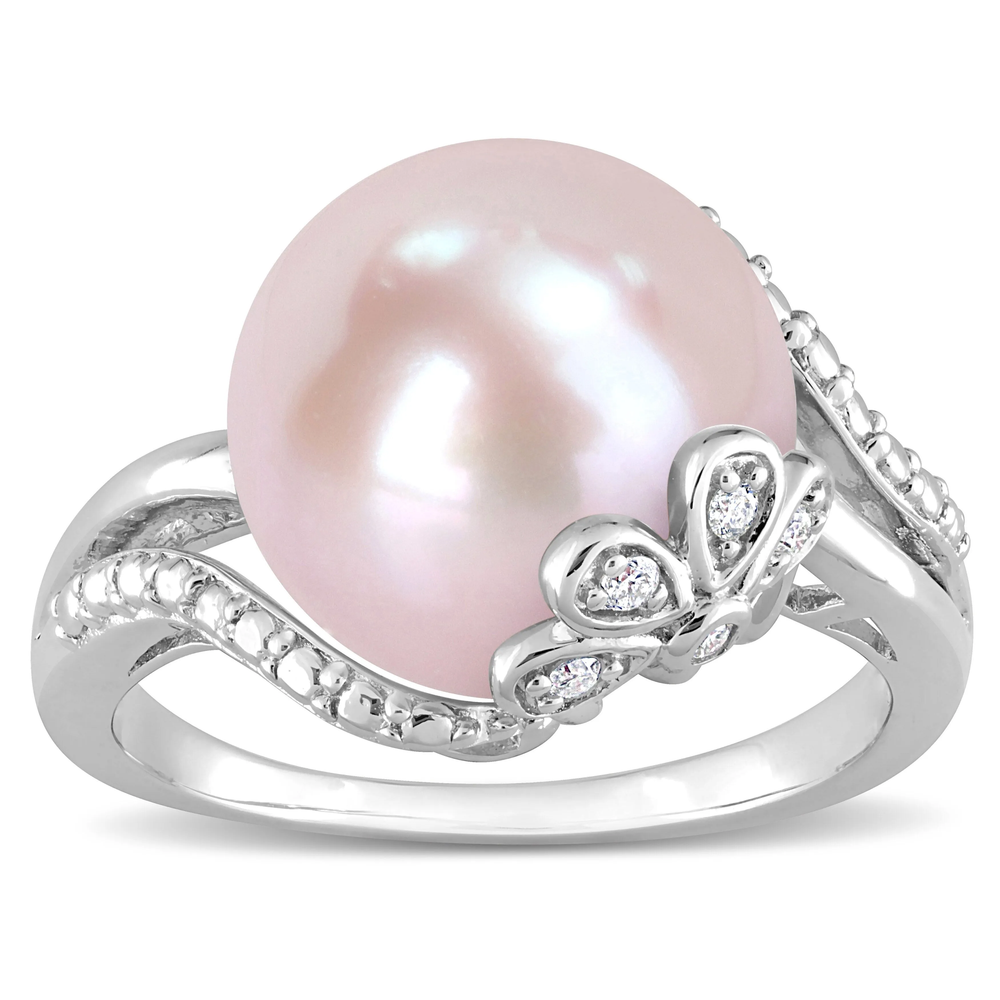 Miadora 12-12.5mm Button-Shaped Pink Cultured Freshwater Pearl and Diamond Accent Flower Split-Shank Ring in Sterling Silver sold by Zulily product image thumbnail 2
