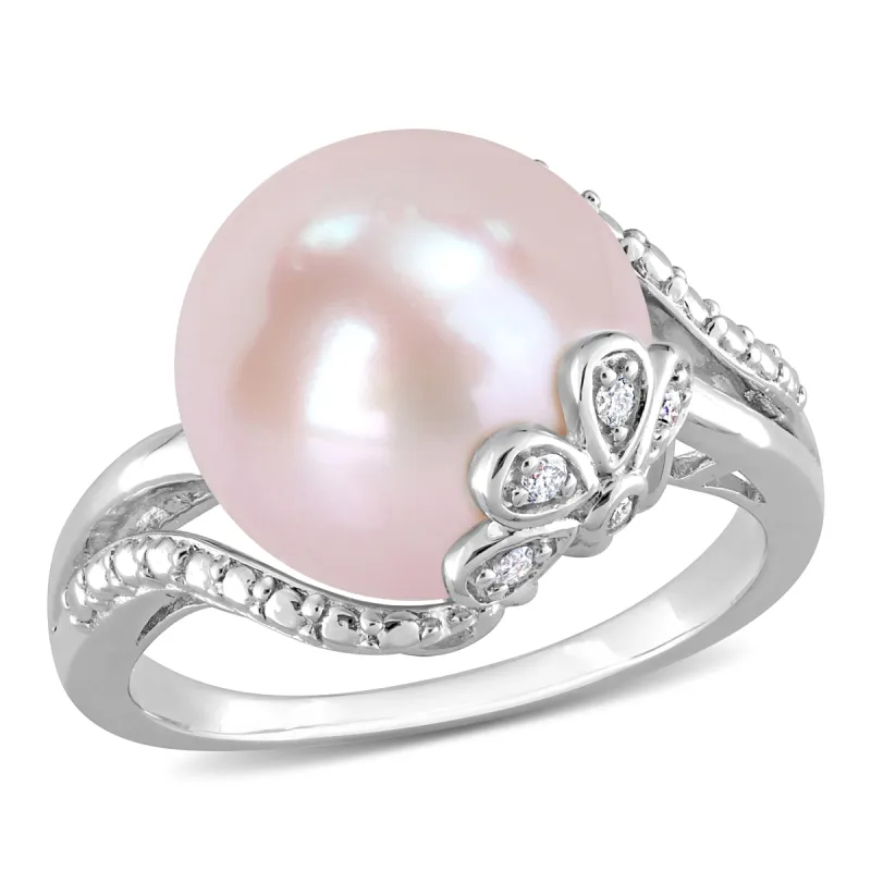 Miadora 12-12.5mm Button-Shaped Pink Cultured Freshwater Pearl and Diamond Accent Flower Split-Shank Ring in Sterling Silver sold by Zulily