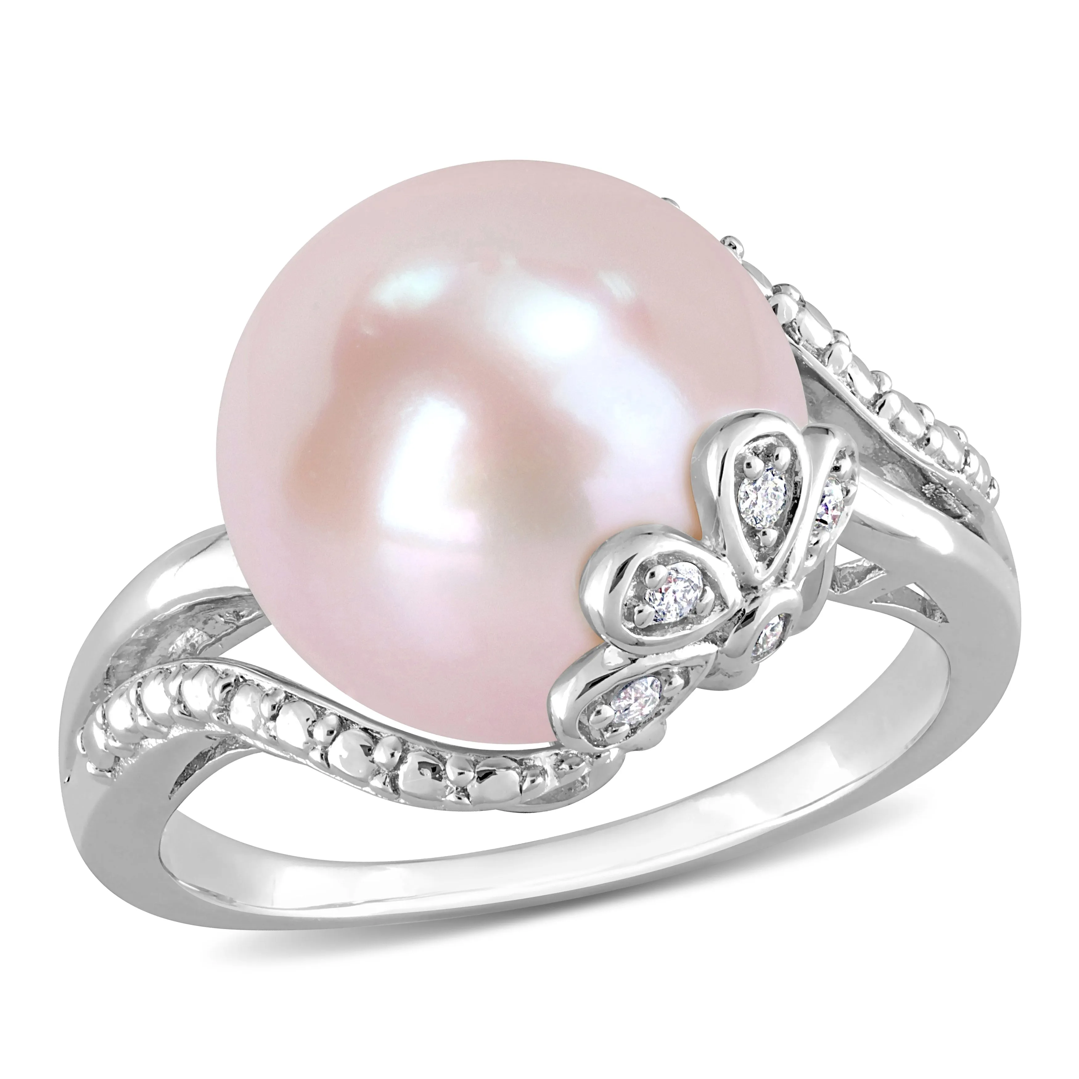 Miadora 12-12.5mm Button-Shaped Pink Cultured Freshwater Pearl and Diamond Accent Flower Split-Shank Ring in Sterling Silver sold by Zulily