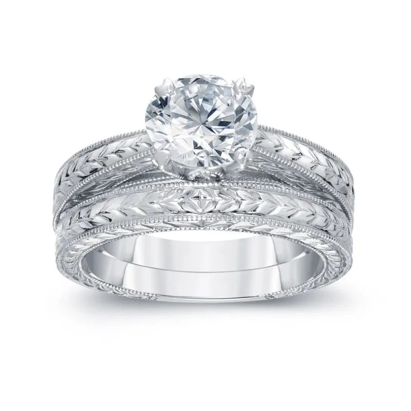 Auriya Vintage 1cttw Round Diamond Engagement Ring Set 14k White Gold Certified sold by Zulily