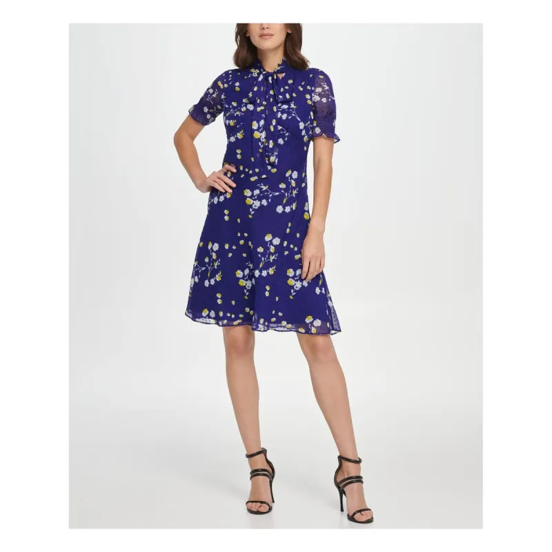 DKNY Women's Floral Tie Neck Above the Knee Fit Flare Party Dress Blue Size 4 made by DKNY
