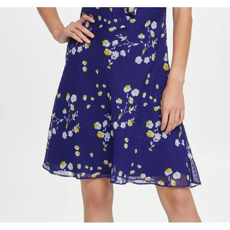 DKNY Women's Floral Tie Neck Above the Knee Fit Flare Party Dress Blue Size 4 sold by Zulily product image thumbnail 3