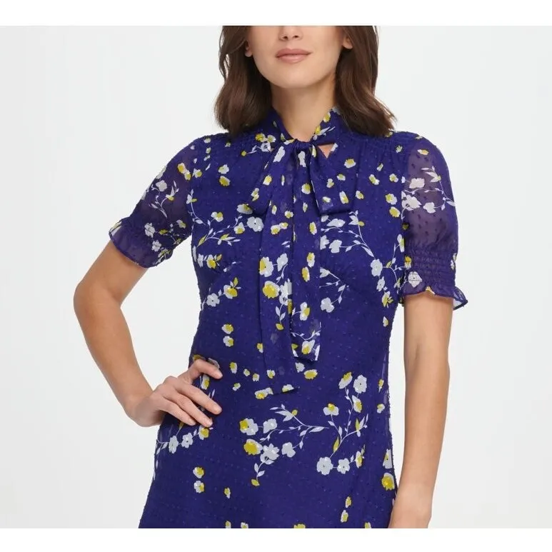 DKNY Women's Floral Tie Neck Above the Knee Fit Flare Party Dress Blue Size 4 sold by Zulily product image thumbnail 2