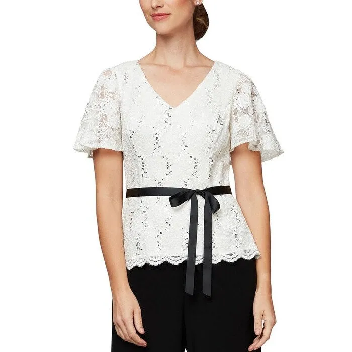 Alex Evenings Women's Lace Flutter Sleeve Top White Size S sold by Zulily