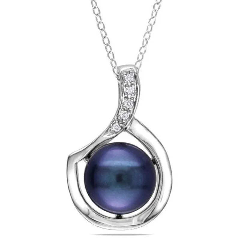 Miadora Sterling Silver Black or Pink Freshwater Pearl and Diamond Necklace (9-10 mm) sold by Zulily