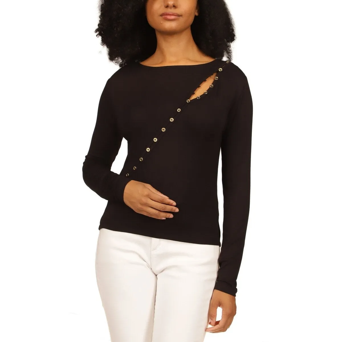 Michael Kors Women's Asymmetrical Button Front Knit Top Black sold by Zulily