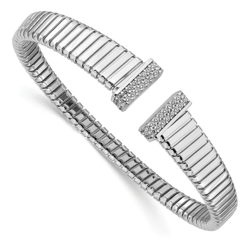 Curata 925 Sterling Silver Rhodium 9.75mm Cubic Zirconia Ribbed Cuff Bangle Bracelet sold by Zulily