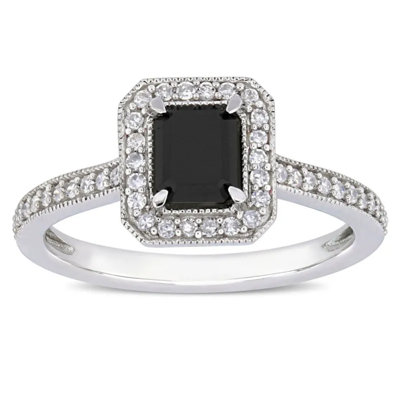 Miadora 10k White Gold 1-1/4ct TDW Black and White Diamond Double Emerald Halo Engagement Ring sold by Zulily