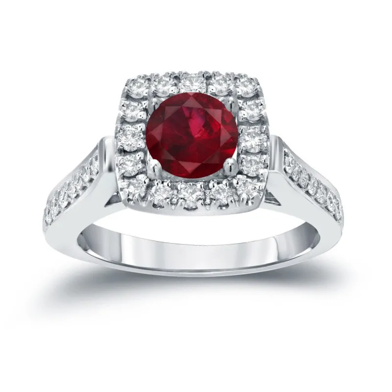 Round 1/5ct Red Ruby and 1/2ct TDW Diamond Halo Engagement Ring in 14k Gold by Auriya sold by Zulily