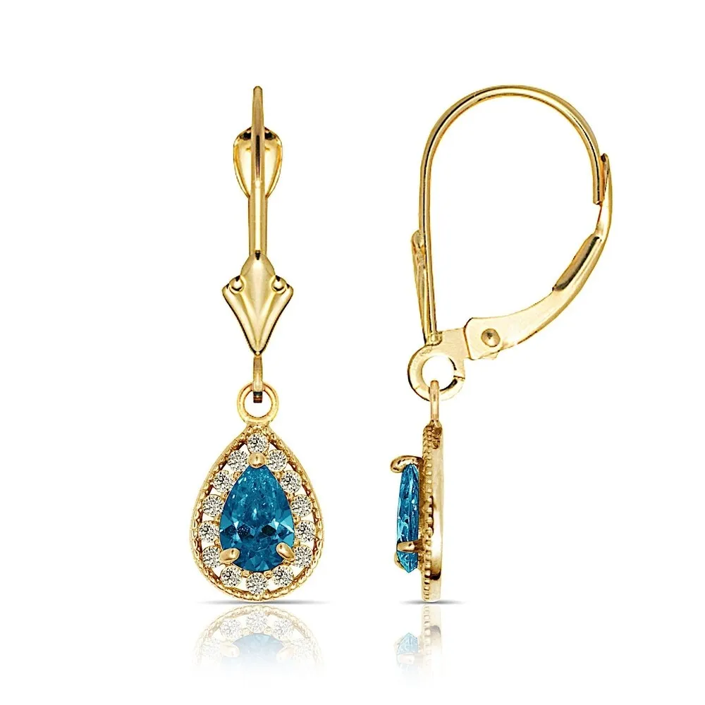 Curata Solid 14k Yellow Gold Birthstone Beaded Pear-shaped Cubic Zirconia Halo Dangle Leverback Earrings (6mm x 24mm) sold by Zulily