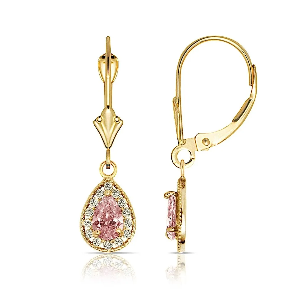 Curata Solid 14k Yellow Gold Birthstone Beaded Pear-shaped Cubic Zirconia Halo Dangle Leverback Earrings (6mm x 24mm) sold by Zulily product image thumbnail 3