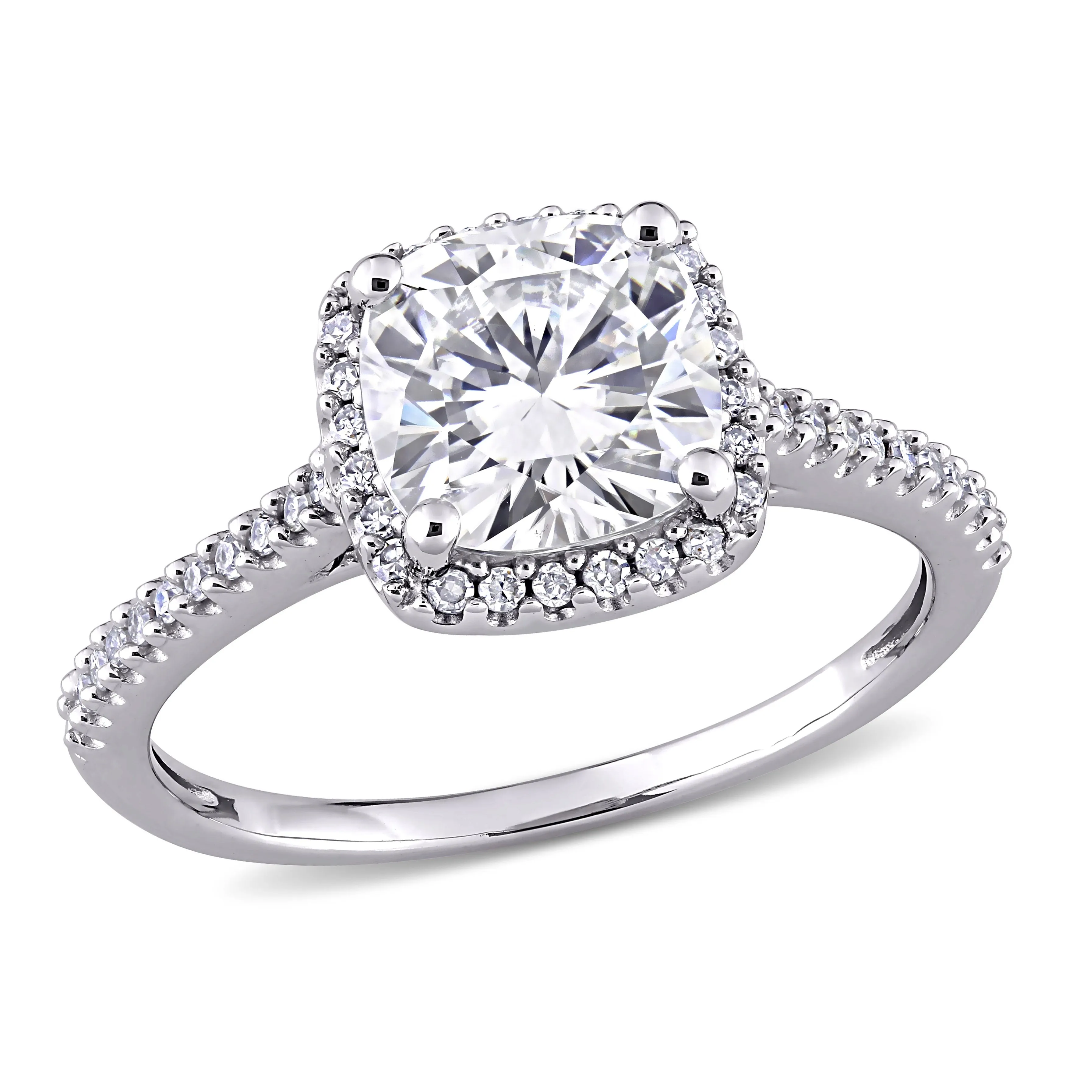 Miadora 2ct DEW Cushion Created Moissanite and 1/4ct TW Diamond Halo Engagement Ring in 14k White Gold sold by Zulily