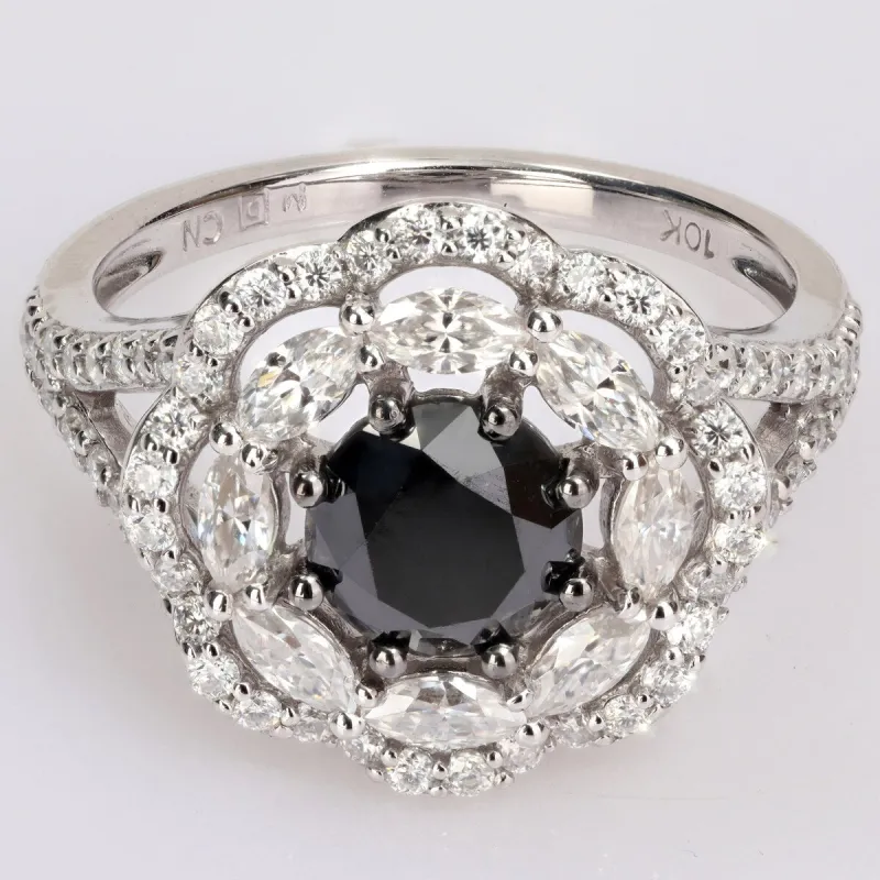 Miadora 10k White Gold 1 1/2ct TDW Black Diamond & 1 3/4ct TGW Created Moissanite Halo Floral Ring sold by Zulily