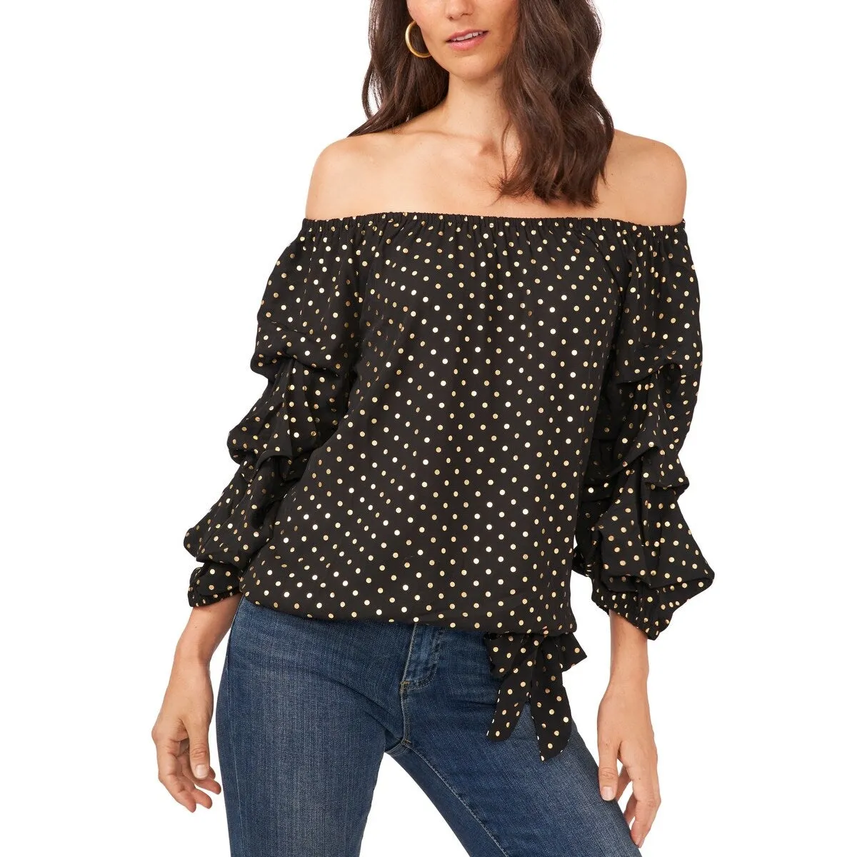 Vince Camuto Women's Polka Dot Off the Shoulder Bubble Sleeve Top Black Size X-Small sold by Zulily product image thumbnail 3