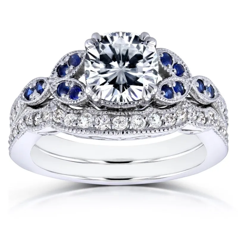 Annello by Kobelli 14k White Gold 1 1/2 Carat TGW Cushion Moissanite (DEF) with Sapphire and Diamond Accents Bridal Set sold by Zulily