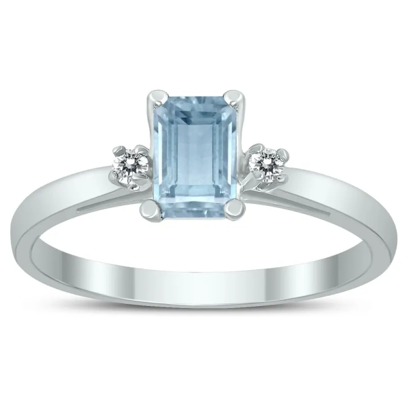 Emerald Cut 6X4MM Aquamarine and Diamond Three Stone Ring in 10K White Gold sold by Zulily