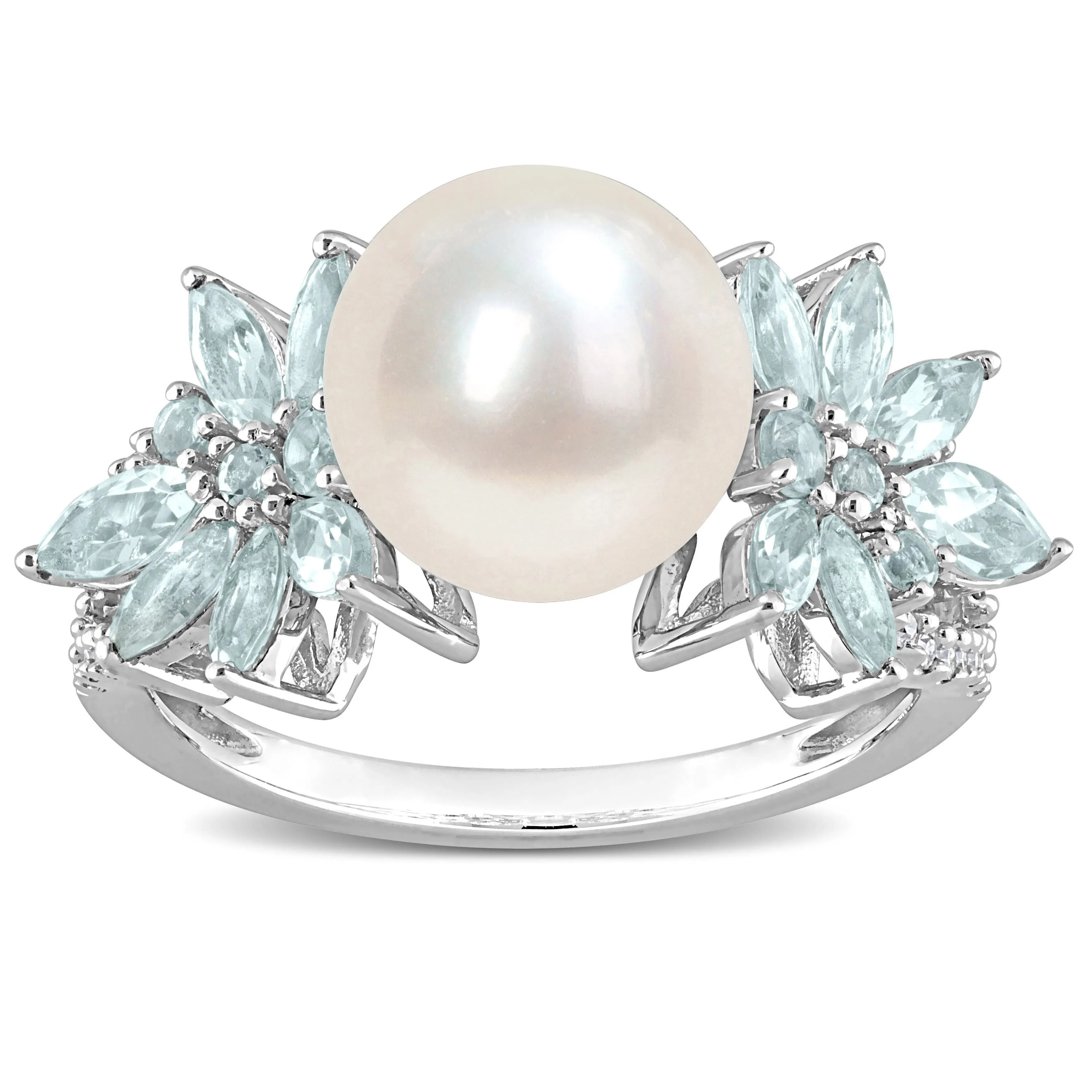 Miadora 9-9.5mm Cultured Freshwater Pearl and 3/5ct TGW Aquamarine and 1/8ct TW Diamond Flower Ring in 14k White Gold sold by Zulily product image thumbnail 2