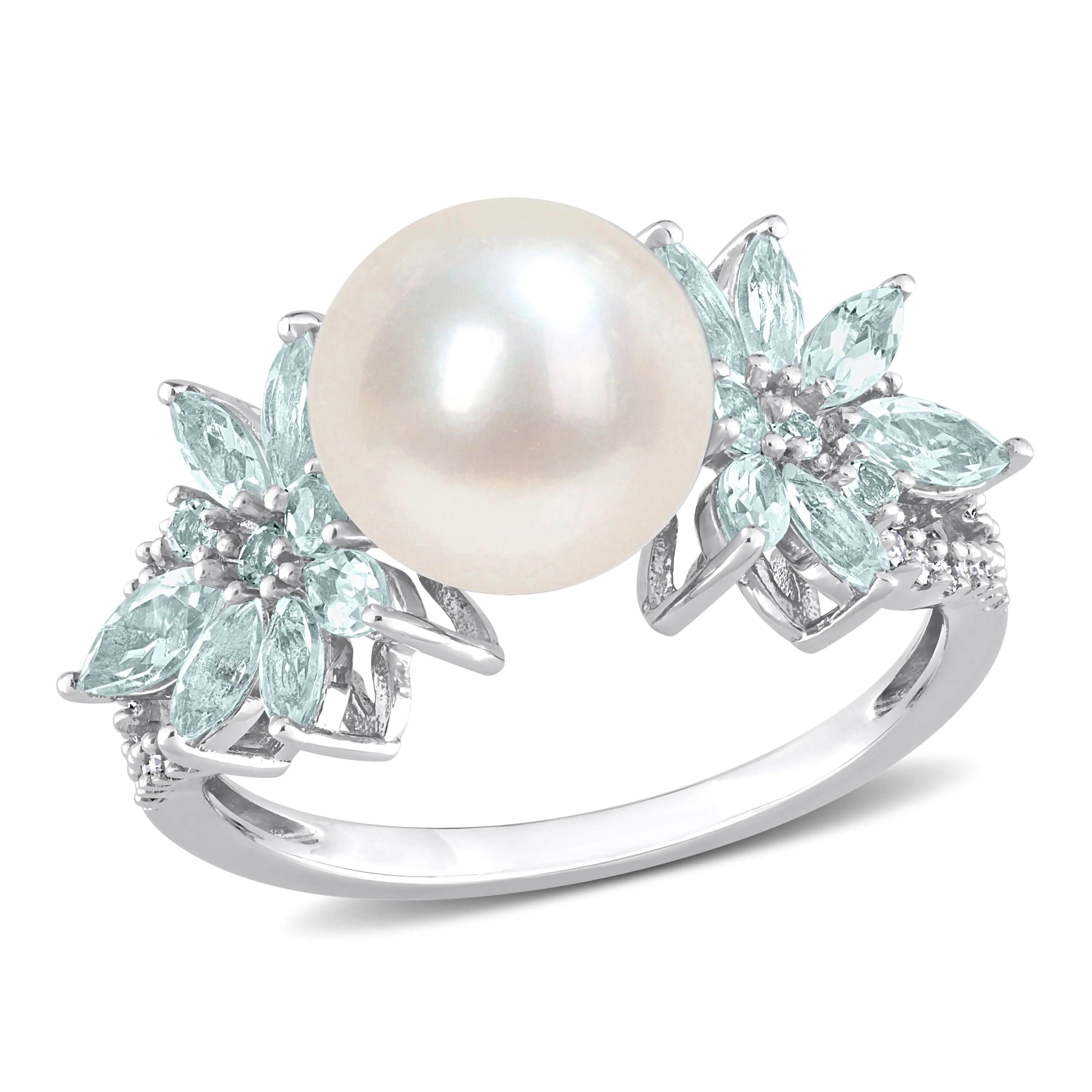 Miadora 9-9.5mm Cultured Freshwater Pearl and 3/5ct TGW Aquamarine and 1/8ct TW Diamond Flower Ring in 14k White Gold sold by Zulily