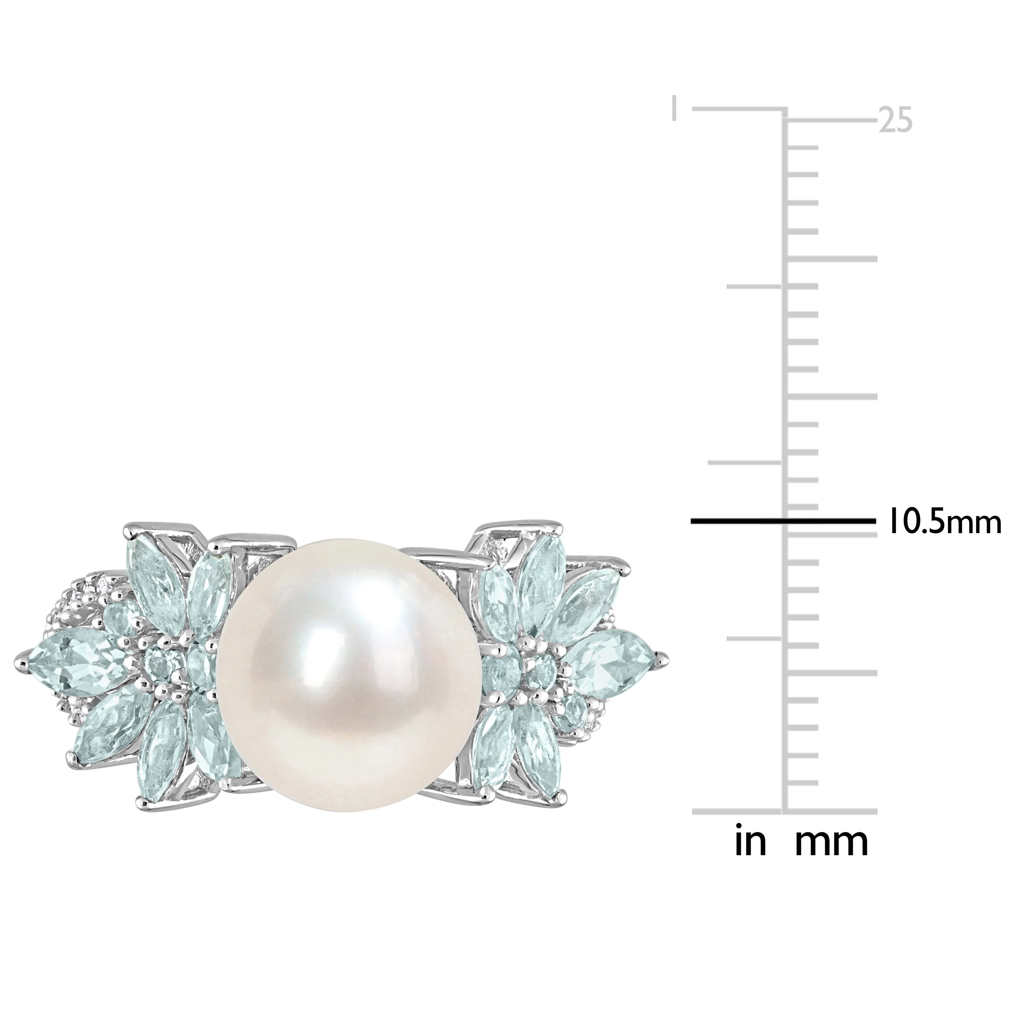 Miadora 9-9.5mm Cultured Freshwater Pearl and 3/5ct TGW Aquamarine and 1/8ct TW Diamond Flower Ring in 14k White Gold sold by Zulily product image thumbnail 4
