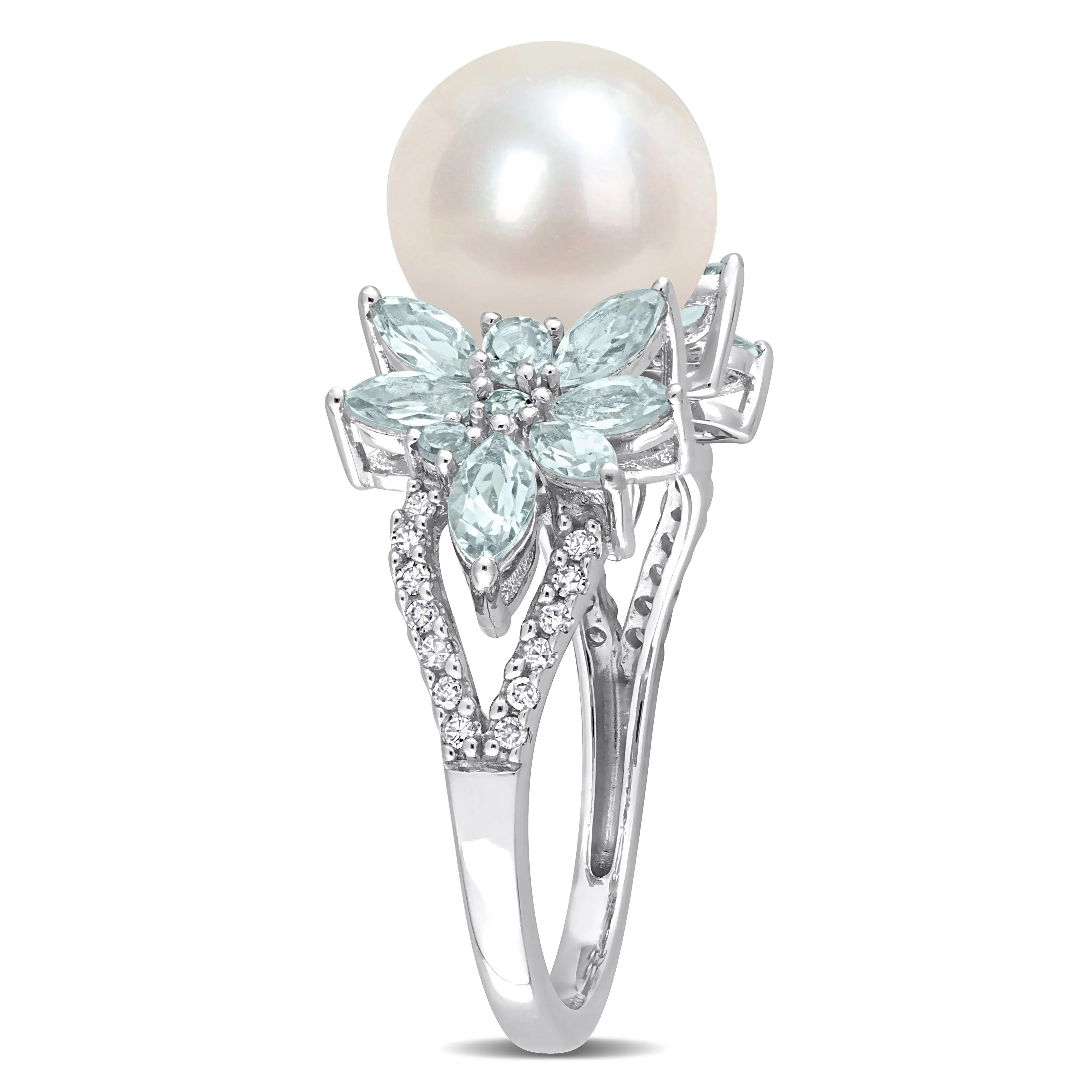 Miadora 9-9.5mm Cultured Freshwater Pearl and 3/5ct TGW Aquamarine and 1/8ct TW Diamond Flower Ring in 14k White Gold sold by Zulily product image thumbnail 3