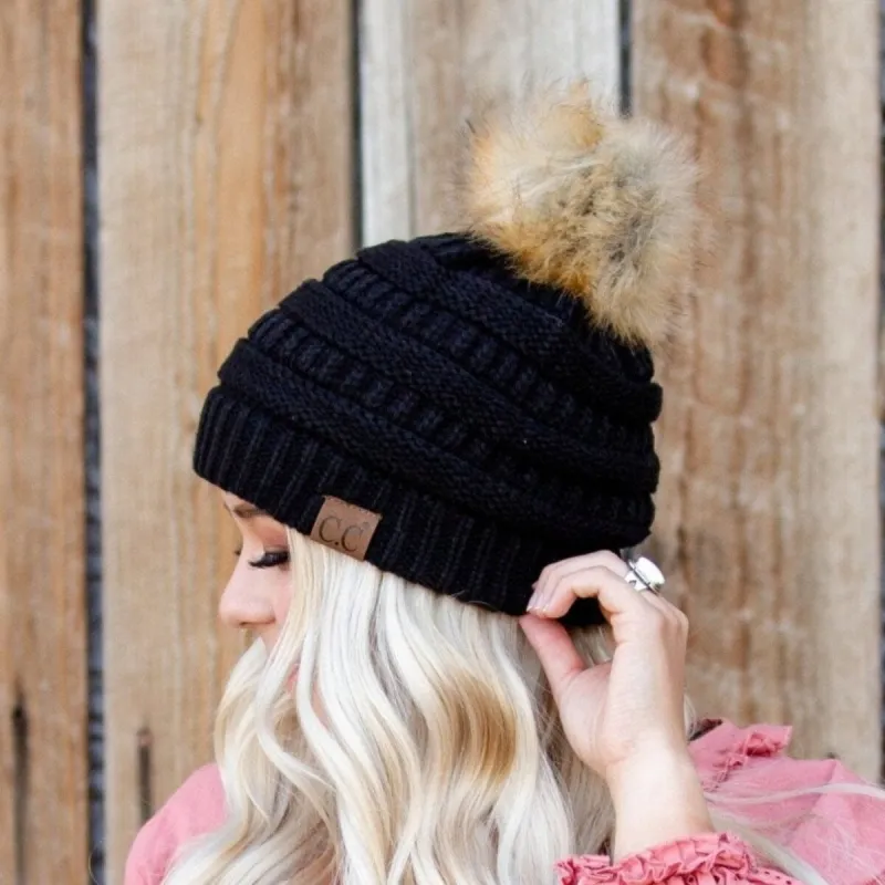 CC Brand Cable-Knit Cozy Faux Pom Women Teen Beanie Hats for Gifts sold by Zulily