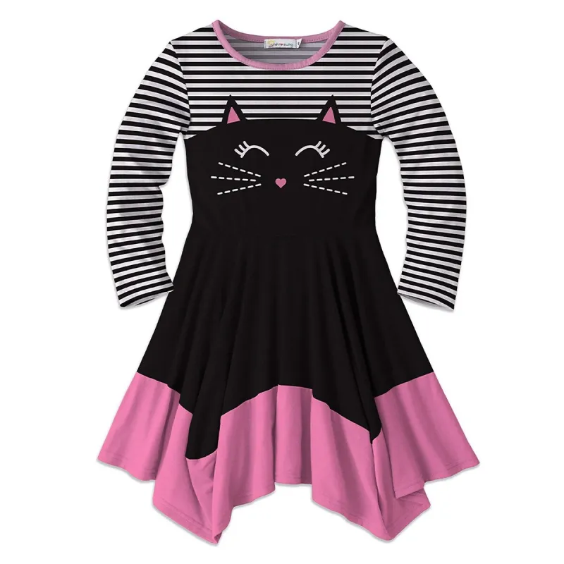 Black & Pink Cat Face & Stripe Print Handkerchief Dress sold by Zulily