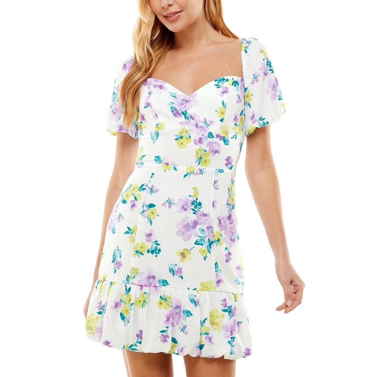 City Studios Junior's Floral Print Puff Sleeve Dress Purple Size 3 sold by Zulily