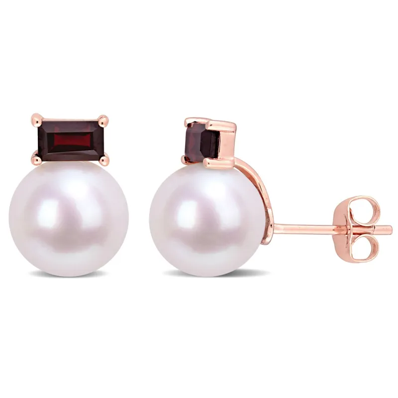 Miadora 9-9.5mm Cultured Freshwater Pearl and 4/5 CT TGW Garnet Stud Earrings in 10k Rose Gold sold by Zulily