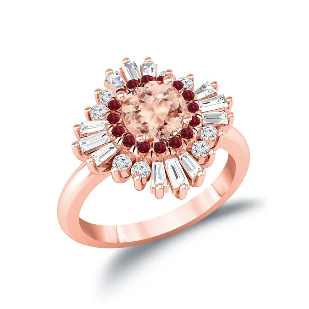 Round 1ct Pink Morganite and 5/8ct Baguette Diamond Ballerina Engagement Ring with Ruby Accents in 14k Rose Gold by Auriya sold by Zulily product image thumbnail 3