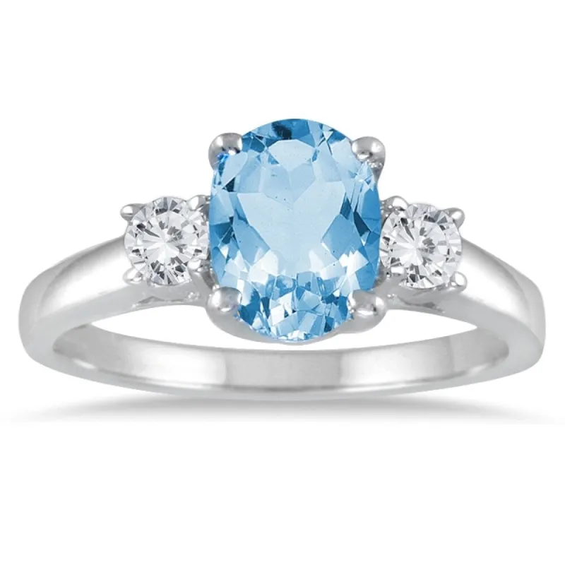 1 3/4 Carat Blue Topaz and Diamond Three Stone Ring 14K White Gold sold by Zulily