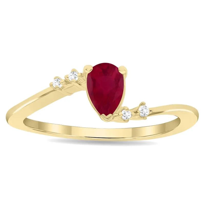 Women's Pear Shaped Ruby and Diamond Wave Ring in 10K Yellow Gold sold by Zulily