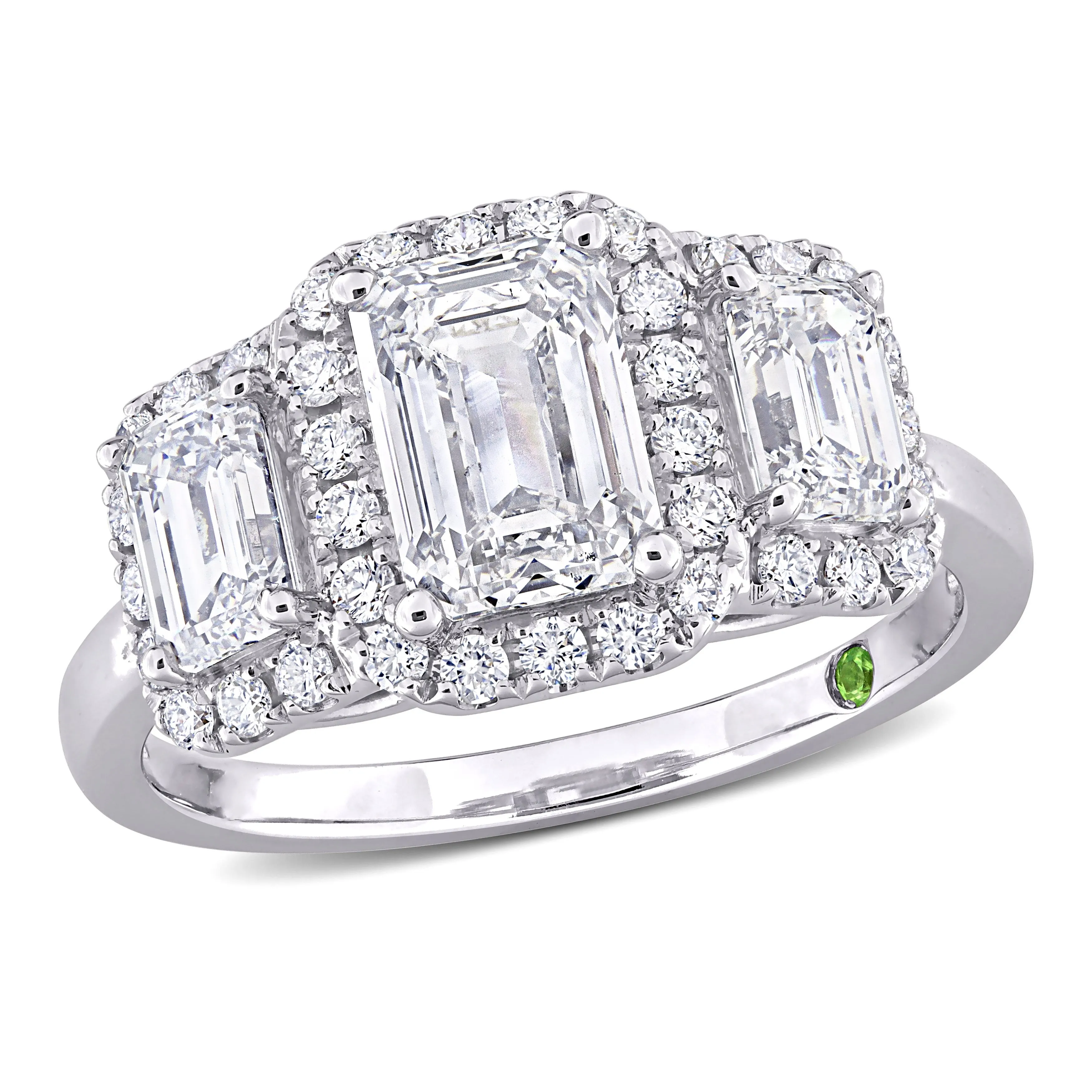 Created Forever 3ct TDW Emerald-Cut Lab-Grown Diamond and Tsavorite Accent 3-Stone Ring in 14k White Gold sold by Zulily