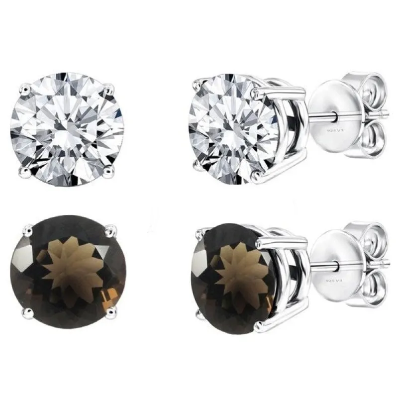 Set of Two Sterling Silver Stud Earring with Natural Smoky Quartz and White Topaz sold by Zulily