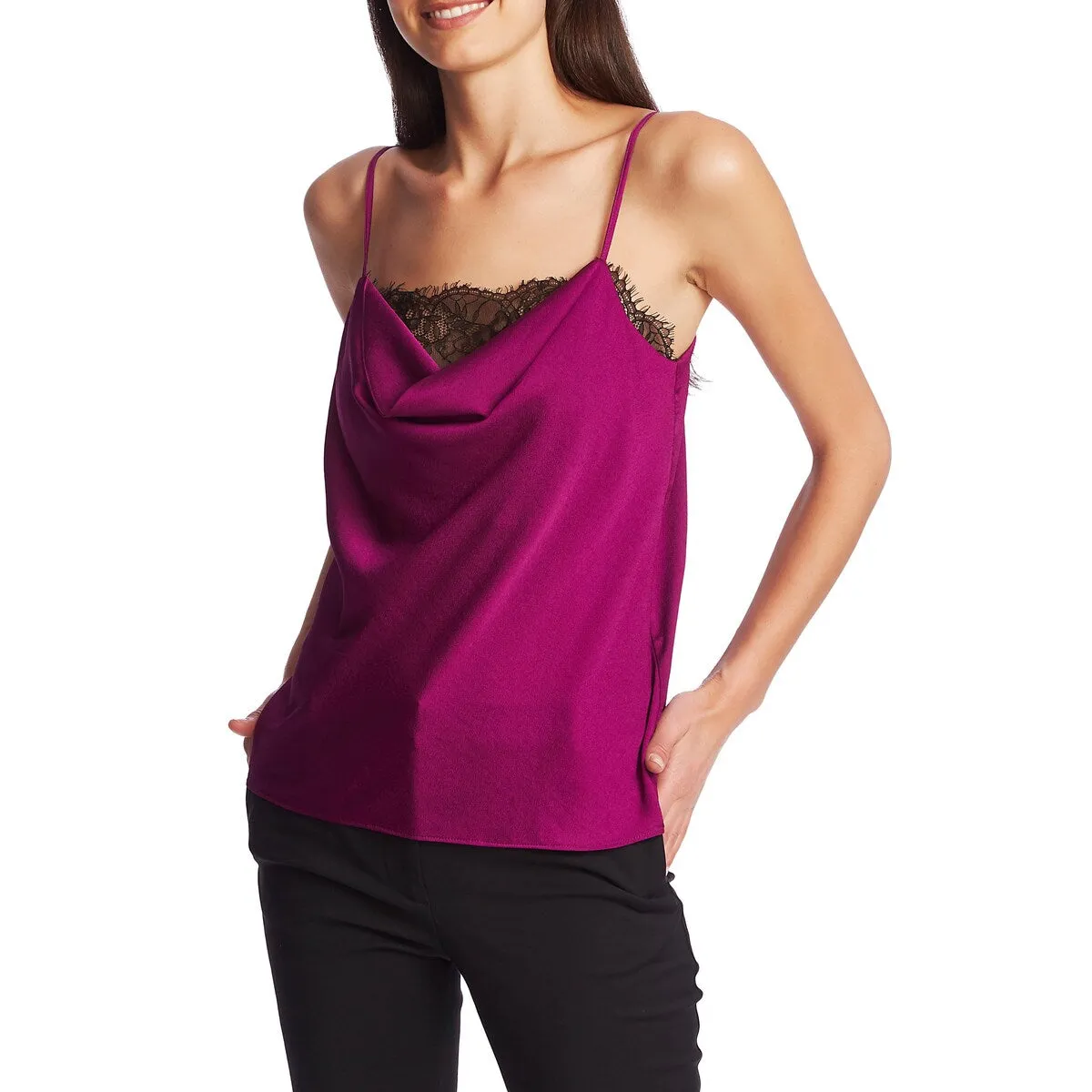 1.STATE Women's Lace Inset Hammered Satin Camisole Top -Purple Size Small sold by Zulily