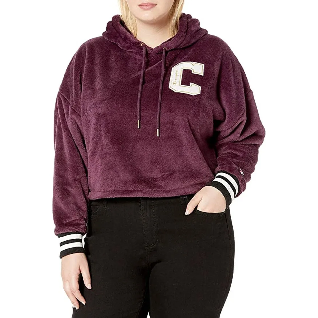 Champion Women's Super Fleece Faux Cropped Cut Off Po Hood Purple Size X-Large sold by Zulily