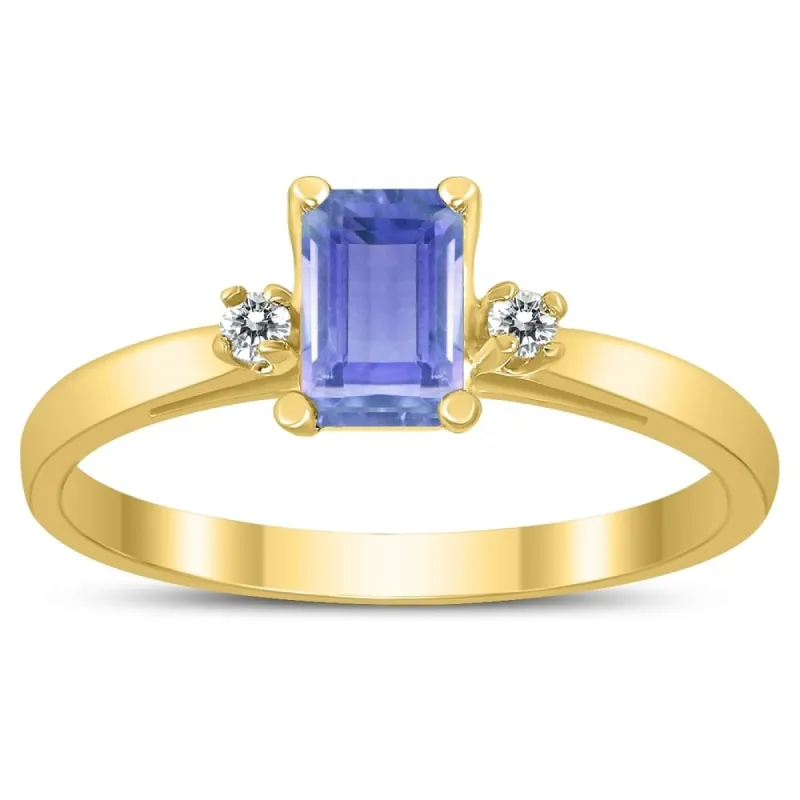 Emerald Cut 6X4MM Tanzanite and Diamond Three Stone Ring in 10K Yellow Gold sold by Zulily