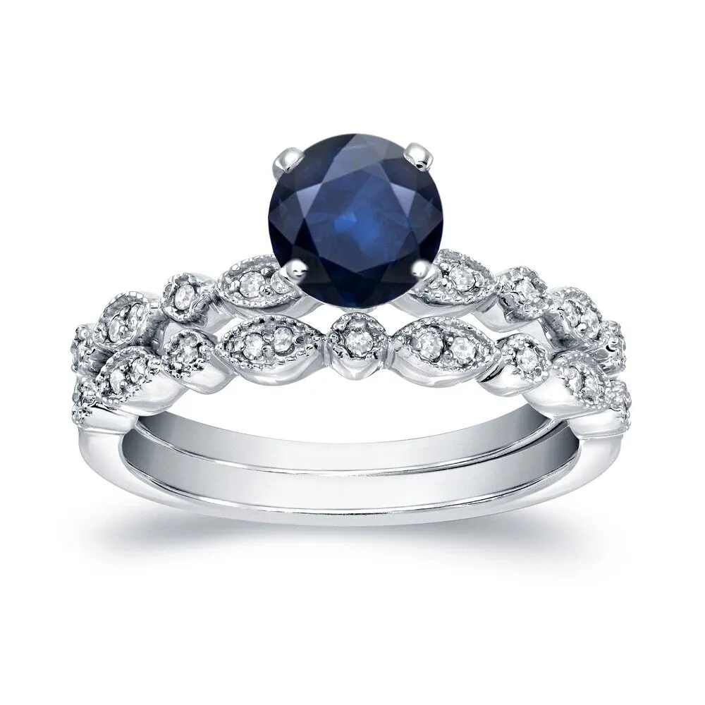 14k White Gold 3/5ct Sapphire and 1/6ct TDW Stackable Vintage Diamond Engagement Ring Set by Auriya sold by Zulily
