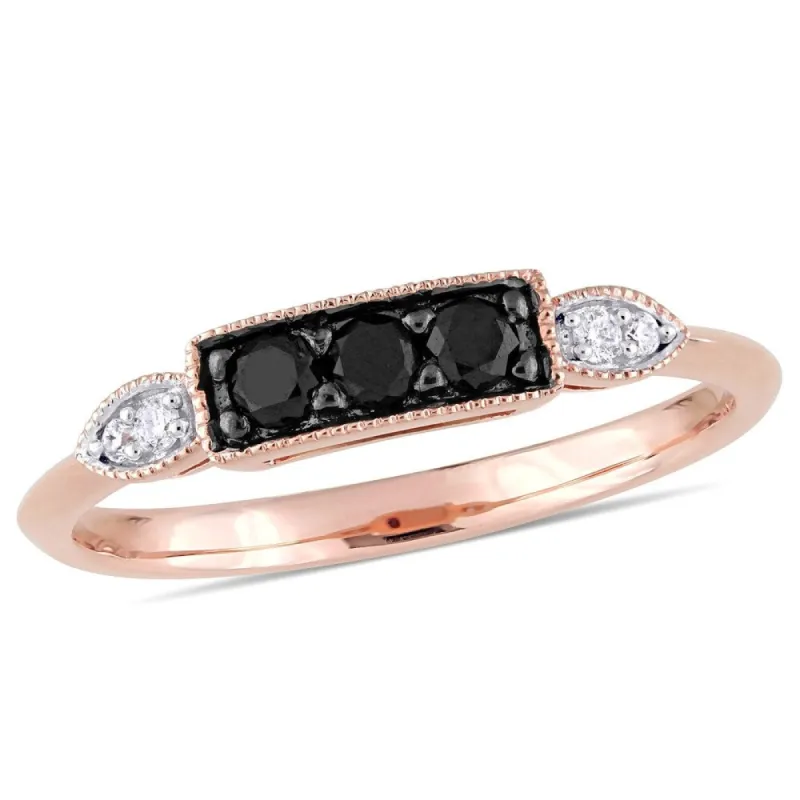 Miadora 10k Rose Gold 1/4ct TDW Black and White Diamond 3-Stone Anniversary Band Ring made by Zulily