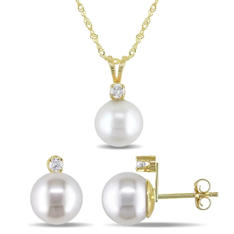 Miadora 14k Yellow Gold Cultured Freshwater Pearl and 1/7ct TDW Diamond 2-Piece Necklace and Stud Earrings Set (8-9 mm) - White sold by Zulily