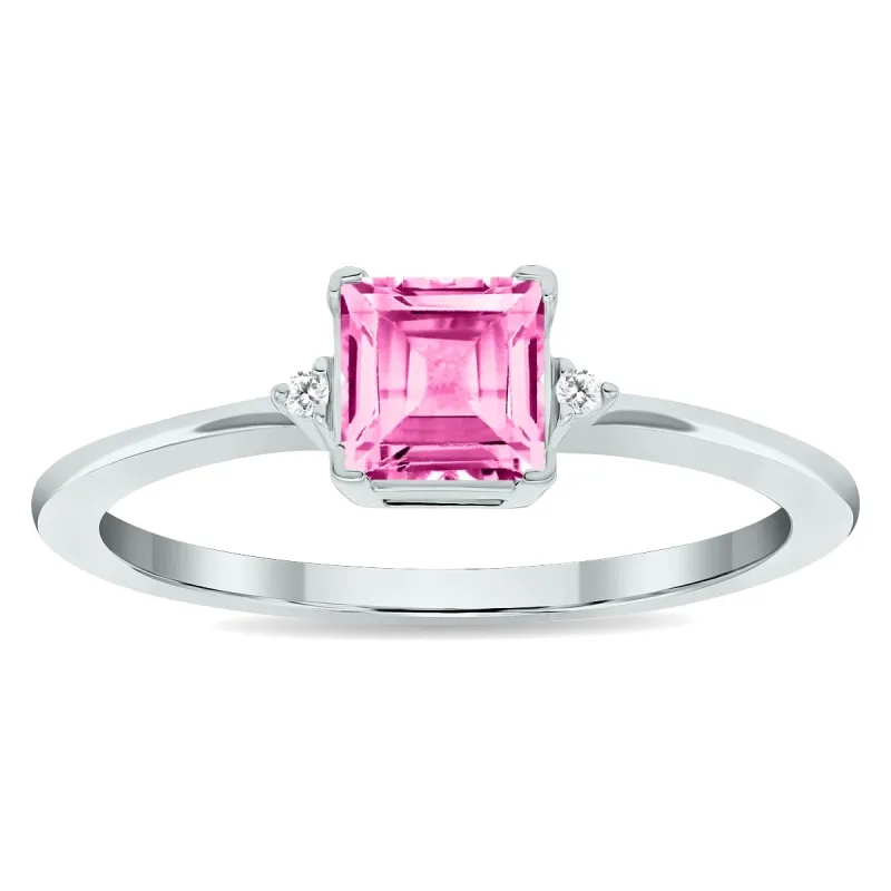 Women's Princess Cut Pink Topaz and Diamond Classic Band in 10K White Gold sold by Zulily