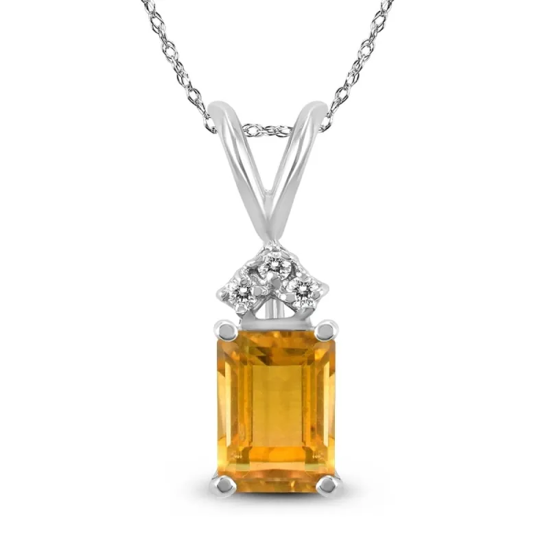 14K White Gold 7x5MM Emerald Shaped Citrine and Diamond Pendant sold by Zulily