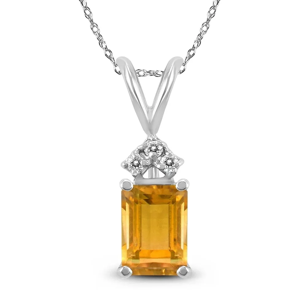 14K White Gold 7x5MM Emerald Shaped Citrine and Diamond Pendant sold by Zulily
