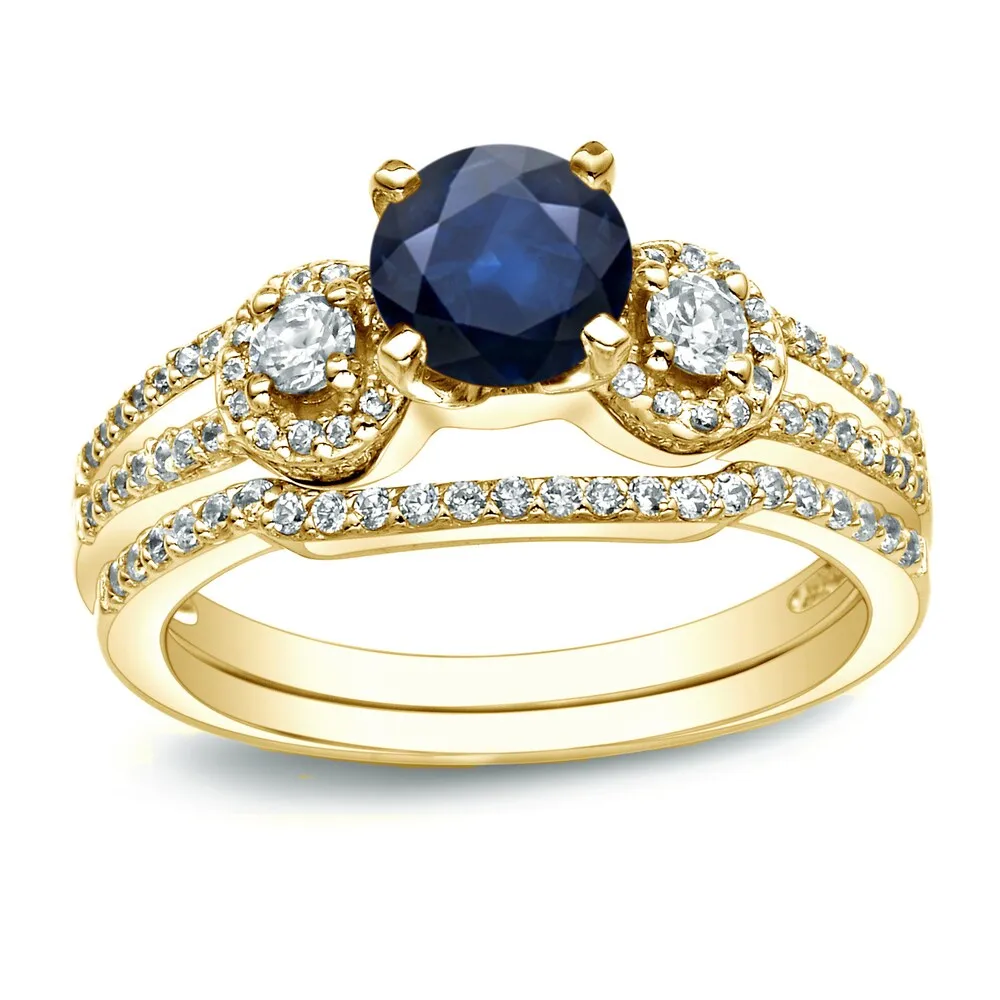 Auriya 14k Gold 1/2ct Round Blue Sapphire and 1/2ctw 3 Stone Diamond Engagement Ring Set sold by Zulily product image thumbnail 2