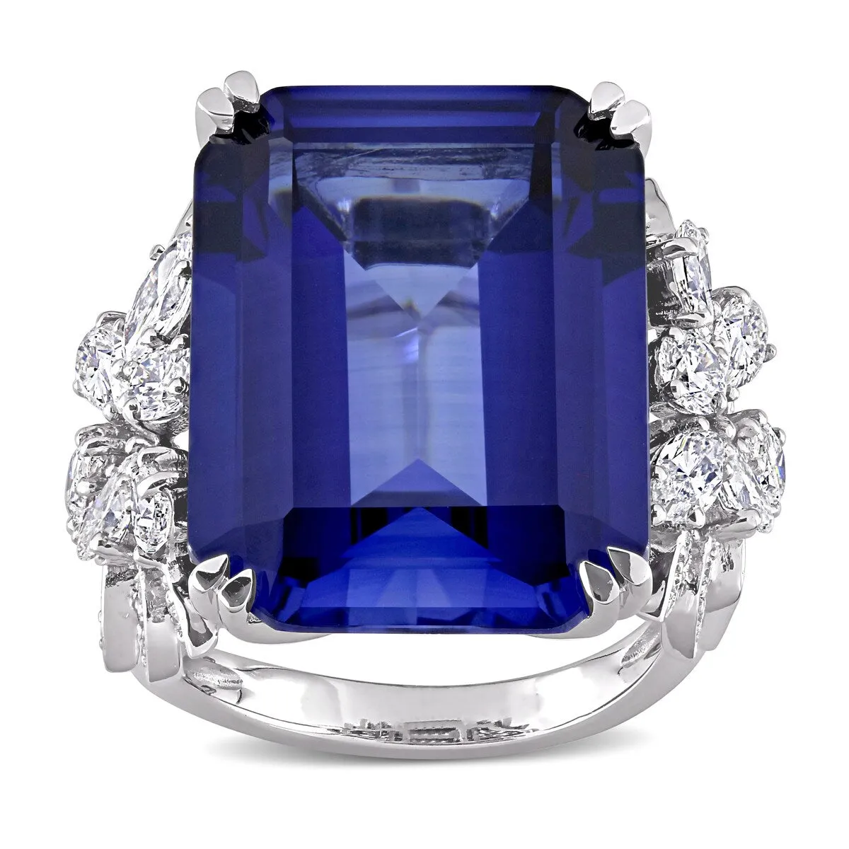 Miadora 14k White Gold 27ct TGW Created Blue Sapphire & 1 3/4ct TDW Multi-cut Diamond Cocktail Ring sold by Zulily
